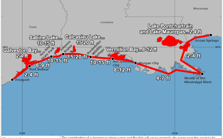  Alerta por catastrófica marejada ciclónica por paso de huracán Laura en costa entre Texas y Lousiana